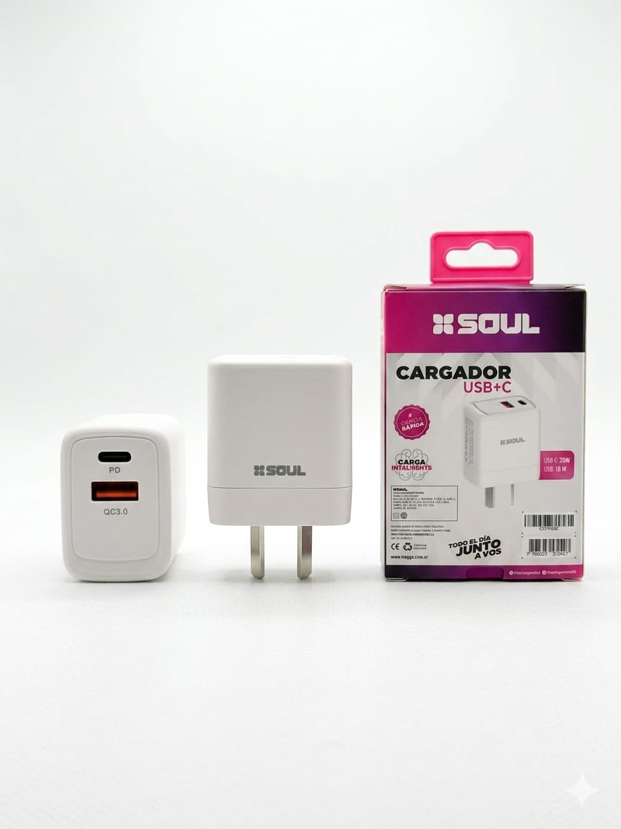 cargador rápido soul 20w pd + qc 3.0 dual usb + usb c compacto cargador rápido soul 20w pd + qc 3.0 dual usb + usb c compacto