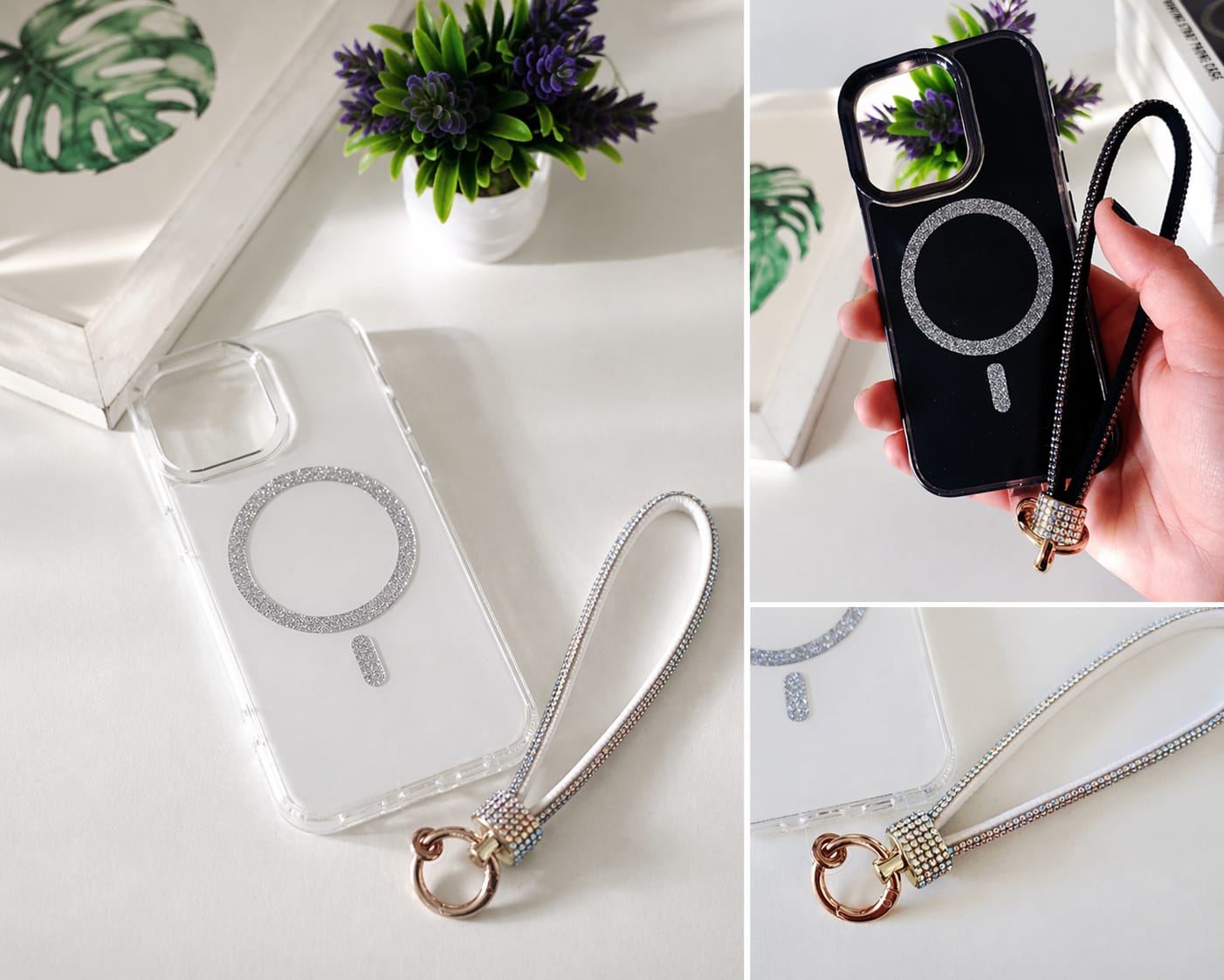 kit funda con magsafe y correa colgante brillosa kit funda con magsafe y correa colgante brillosa